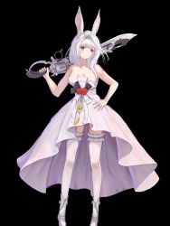Rule 34 | 1girl, absurdres, animal ears, breasts, dress, final fantasy, final fantasy xiv, gunblade, gunbreaker (final fantasy), hand on own hip, highres, huijin zhi ling, legs, long hair, medium breasts, over shoulder, rabbit ears, red eyes, revealing clothes, shoes, strapless, strapless dress, sword, thighhighs, viera, weapon, weapon over shoulder, white dress, white hair, white thighhighs, zettai ryouiki