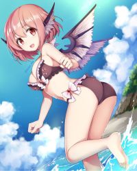 Rule 34 | 1girl, animal ears, ass, bare arms, barefoot, bikini, bird wings, blue sky, breasts, brown bikini, cleavage, cloud, cloudy sky, commentary request, day, earrings, jewelry, medium breasts, mystia lorelei, open mouth, outdoors, pink hair, red eyes, risui (suzu rks), short hair, sky, smile, solo, summer, swimsuit, touhou, twitter username, wading, water, wings