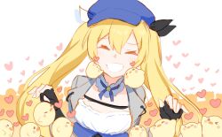 Rule 34 | 1girl, bird, black gloves, black ribbon, blonde hair, blue hat, blue ribbon, blush, cabbie hat, chick, closed eyes, commentary, detached collar, dokibird (vtuber), double-parted bangs, facing viewer, fingerless gloves, gloves, grey jacket, grin, hair between eyes, hair ribbon, hands up, hat, heart, highres, indie virtual youtuber, jacket, light blush, long hair, neck ribbon, open clothes, open jacket, pokey, ribbon, shirt, smile, solo, symbol-only commentary, twintails, upper body, virtual youtuber, white background, white shirt