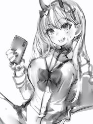 Rule 34 | 1girl, :d, azur lane, bad id, bad pixiv id, bow, bowtie, breasts, cellphone, chainsaw man, greyscale, highres, holding, holding phone, horns, large breasts, long hair, looking at viewer, monochrome, nanashi (nlo), open mouth, phone, power (chainsaw man), school uniform, simple background, sitting, skirt, smartphone, smile, solo, spread legs, sweat, white background