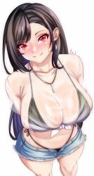 Rule 34 | 1girl, anisdrawn, arms behind back, bikini, bikini under clothes, black bikini, black hair, blush, breasts, commentary, cutoffs, denim, denim shorts, final fantasy, final fantasy vii, final fantasy vii ever crisis, highres, large breasts, long hair, looking at viewer, midriff, navel, nose blush, official alternate costume, open fly, red eyes, shirt, short shorts, shorts, smile, solo, standing, stomach, swimsuit, tied shirt, tifa lockhart, tifa lockhart (lifeguard), white background