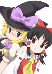 Rule 34 | 2girls, ascot, black hair, black hat, blonde hair, bow, braid, closed mouth, detached sleeves, dutch angle, eyebrows, female focus, frills, gahiro, hair bow, hair tubes, hakurei reimu, hat, hat bow, japanese clothes, kirisame marisa, long hair, looking at viewer, looking to the side, maid, miko, multiple girls, purple bow, red bow, red eyes, red ribbon, ribbon, ribbon-trimmed sleeves, ribbon trim, shirt, short hair, side-by-side, simple background, single braid, smile, sunviola, touhou, upper body, wavy mouth, white background, white shirt, witch hat, yellow eyes