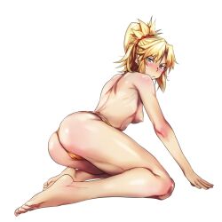 Rule 34 | 1girl, ass, barefoot, blonde hair, blue eyes, blush, breasts, commentary, fate/grand order, fate (series), from behind, full body, hair ornament, hair scrunchie, highres, kneeling, looking at viewer, looking back, medium breasts, mordred (fate), mordred (fate/apocrypha), nipples, panties, ponytail, sbel02, scrunchie, simple background, soles, solo, symbol-only commentary, topless, underwear, white background, yellow panties
