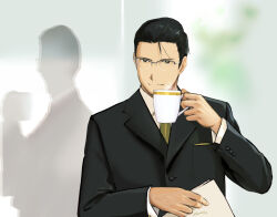 Rule 34 | 1boy, artist name, bespectacled, black eyes, black hair, black jacket, black suit, breast pocket, business suit, buttons, closed mouth, coffee mug, collared shirt, contemporary, cup, dress shirt, fingernails, formal, fullmetal alchemist, glass wall, glasses, gold trim, green necktie, grey-framed eyewear, hair slicked back, highres, holding, holding cup, holding paper, indoors, jacket, jitome, lapels, looking at viewer, loose hair strand, male focus, mug, necktie, office, over-rim eyewear, paper, pocket, roy mustang, semi-rimless eyewear, shadow, shirt, sidelighting, smile, steam, suit, suit jacket, sunlight, upper body, urikurage, white shirt