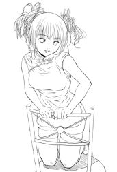 Rule 34 | bare shoulders, bucho, chair, china dress, chinese clothes, double bun, dress, greyscale, hair bun, kneeling, monochrome, solo, thighhighs