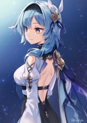 Rule 34 | 1girl, bare back, belt, black background, blue hair, brown eyes, cape, commentary request, eula (genshin impact), from behind, genshin impact, hair between eyes, hair ornament, hairband, highres, long hair, long sleeves, looking away, nyanya, sidelocks, simple background, smile, solo