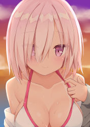 Rule 34 | 1girl, arm up, bikini, breasts, closed mouth, fate/grand order, fate (series), kamu (geeenius), large breasts, looking at viewer, mash kyrielight, official alternate costume, one eye covered, pink hair, pulled by self, short hair, smile, swimsuit, tan, tanline, wet