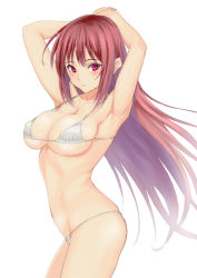 Rule 34 | 1girl, :o, armpits, arms up, bikini, blush, breasts, collarbone, cowboy shot, large breasts, long hair, looking at viewer, muffin (sirumeria), navel, original, parted lips, red eyes, red hair, simple background, skindentation, solo, strap gap, swimsuit, white background, white bikini