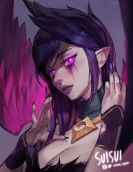 Rule 34 | 1girl, artist name, breasts, cleavage, commentary, detached collar, eyeshadow, fingernails, highres, instagram username, league of legends, lipstick, long hair, looking at viewer, makeup, medium breasts, morgana (league of legends), nail polish, pointy ears, purple eyes, purple eyeshadow, purple hair, purple nails, purple wings, simple background, smile, solo, suisui again, upper body, wings