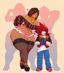 Rule 34 | 1boy, 1girl, black hair, blue eyes, breasts, carmessi, cleavage, cutoffs, dark-skinned female, dark skin, earrings, fishnet thighhighs, fishnets, gala (carmessi), headpat, highres, hoop earrings, jewelry, large breasts, long hair, marx (sprite37), necklace, one eye closed, red hair, short shorts, shorts, size difference, tagme, thick thighs, thighhighs, thighs, wide hips