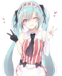 Rule 34 | 1girl, ;d, apron, bare shoulders, black bow, black gloves, black neckwear, blue eyes, blush, bow, commentary request, detached sleeves, double v, dress, gloves, green hair, hair between eyes, hatsune miku, head tilt, headdress, heart, kojiki-life, long hair, looking at viewer, one eye closed, open mouth, single glove, single sleeve, sleeves past wrists, smile, solo, striped clothes, striped dress, twintails, v, very long hair, vocaloid, waist apron, waitress, white apron, white background, wing collar