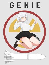 Rule 34 | air-2 genie, artist name, atamonica, black footwear, black skirt, blush, breasts, detonator, grey background, hand in own hair, hands up, highres, holding, large breasts, long sleeves, looking at viewer, missile, original, personification, radiation symbol, seiza, short hair, simple background, sitting, skirt, smile, sweater, thighs, white hair, white sweater, yellow eyes