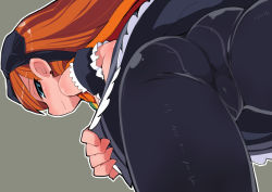 Rule 34 | 1girl, ass, bare shoulders, black bow, black dress, black pantyhose, blue eyes, blush, bow, clothes lift, crotch, dragon quest, dragon quest x, dress, dress lift, earrings, from below, hairband, jewelry, lifted by self, long hair, looking at viewer, looking back, orange hair, outline, pantyhose, rukoria (dq10), simple background, smile, solo, zankuro