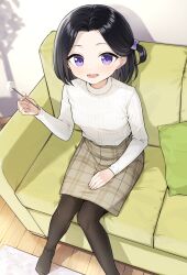 Rule 34 | 1girl, :d, absurdres, black hair, black pantyhose, bow, breasts, brown skirt, commentary request, couch, forehead, from above, hair bow, highres, holding, indoors, knees together feet apart, long hair, long sleeves, looking at viewer, mimikaki, no shoes, on couch, one side up, open mouth, original, pantyhose, parted bangs, pillow, plaid, plaid skirt, purple bow, purple eyes, ribbed sweater, sitting, skirt, small breasts, smile, solo, sweater, takenoko no you, turtleneck, turtleneck sweater, white sweater, wooden floor