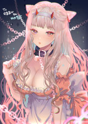 Rule 34 | 1girl, apron, back bow, bad id, bad pixiv id, bare shoulders, blunt bangs, blush, bow, breasts, chain, cleavage, collar, commentary request, commission, dark background, darling in the franxx, detached sleeves, dress, glint, gradient background, grey background, hanatora yuki, headpiece, highres, large breasts, lips, long hair, looking at viewer, orange bow, orange dress, parted lips, pink eyes, pink hair, pointy hair, puffy short sleeves, puffy sleeves, short sleeves, skeb commission, solo, upper body, very long hair, wavy hair, white apron, white bow, zero two (darling in the franxx)