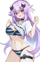 1girl adult_neptune bikini breasts cleavage clothes_lift fang highres large_breasts lifting_own_clothes long_hair looking_at_viewer navel neptune_(series) open_mouth purple_eyes purple_hair shirt shirt_lift smile solo suuuuica swimsuit toned tongue very_long_hair