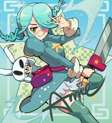 Rule 34 | 1girl, absurdres, annie (skullgirls), bloomers, blush stickers, boots, braid, character name, eyepatch, green background, green hair, half-closed eyes, highres, holding, holding sword, holding weapon, juliet sleeves, licking lips, long sleeves, puffy sleeves, rank alee, sagan (skullgirls), skirt, skullgirls, smile, solo, star (symbol), stuffed animal, stuffed rabbit, stuffed toy, sword, thigh boots, thighhighs, tongue, tongue out, twin braids, underwear, v, weapon, yellow eyes