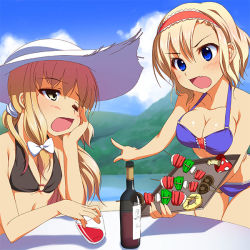 Rule 34 | 2girls, alcohol, alice margatroid, alternate hairstyle, alternate headwear, annoyed, arguing, bad id, bad pixiv id, bikini, bikini top only, blonde hair, blue eyes, blush, bottle, breasts, head rest, cleavage, cloud, day, female focus, food, glass, hairband, hat, hill, kirisame marisa, long hair, medium breasts, multiple girls, mushroom, one eye closed, open mouth, pilky, ponytail, short hair, sky, small breasts, swimsuit, table, tablet, touhou, wine, wink