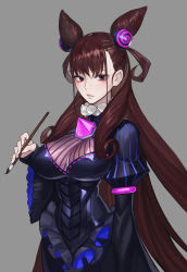 Rule 34 | 1girl, arm at side, bad id, bad pixiv id, black dress, breasts, brown hair, closed mouth, cone hair bun, cowboy shot, curly hair, double bun, dress, expressionless, fate/grand order, fate (series), frills, gem, grey background, hair between eyes, hair bun, hair ornament, highres, holding, holding paintbrush, large breasts, long hair, long sleeves, looking at viewer, murasaki shikibu (fate), paintbrush, puffy sleeves, purple eyes, simple background, solo, standing, striped clothes, striped dress, tamidro, two side up, vertical-striped clothes, vertical-striped dress, very long hair, wide sleeves