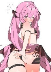 Rule 34 | 1girl, absurdres, ass, bikini, blush, breasts, demon girl, demon tail, demon wings, embarrassed, highres, long hair, looking at viewer, original, simple background, skindentation, small breasts, solo, swimsuit, tail, thick thighs, thigh strap, thighs, twintails, uruti 2388, very long hair, white background, wings