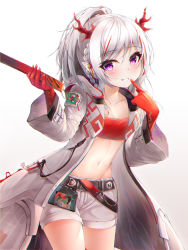 Rule 34 | 1girl, absurdres, aged down, arknights, bandeau, belt, braid, breasts, coat, collarbone, commentary request, cowboy shot, finger to mouth, gradient background, grey background, grin, hands up, highres, holding, horns, ichizon, long hair, long sleeves, looking at viewer, midriff, multicolored hair, navel, nian (arknights), open clothes, open coat, pointy ears, ponytail, purple eyes, short shorts, shorts, silver hair, simple background, small breasts, smile, solo, stomach, strapless, streaked hair, thighs, tube top, white background, white coat, white shorts, wide sleeves