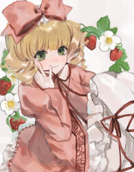 Rule 34 | 1girl, absurdres, blonde hair, blush, bow, closed mouth, coat, commentary request, dress, feet out of frame, flower, food, frilled bow, frilled dress, frills, fruit, green eyes, hair bow, hands on own cheeks, hands on own face, highres, hinaichigo, kani samurai, leg ribbon, lolita fashion, long sleeves, looking at viewer, medium bangs, neck ribbon, pantyhose, pink bow, pink coat, red ribbon, ribbon, rozen maiden, short hair, smile, solo, strawberry, white dress, white flower, white pantyhose