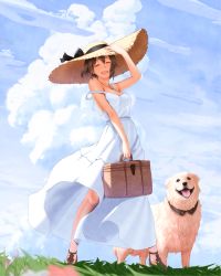 Rule 34 | 1girl, aircraft, airship, black hair, cloud, day, dog, dress, closed eyes, hat, jewelry, nanahime, necklace, open mouth, original, short hair, sky, smile, solo, strap slip, straw hat, summer, sun hat, sundress