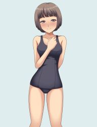 Rule 34 | 1girl, black hair, blush, brown eyes, brown hair, highres, old school swimsuit, one-piece swimsuit, original, prog, school swimsuit, short hair, simple background, smile, solo, standing, swimsuit