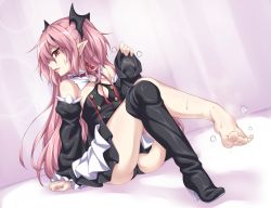 Rule 34 | 1girl, barefoot, boots, clothes between thighs, dress, feet, high heel boots, high heels, highres, holding, holding shoes, krul tepes, kyuutou (kyuutouryuu), long hair, no socks, owari no seraph, panties, pink eyes, pink hair, shoes, single shoe, smell, thigh boots, thighhighs, toes, underwear