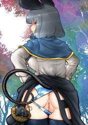 Rule 34 | 1girl, alternate eye color, animal ears, anus, ass, basket, black skirt, black thighhighs, blue capelet, blue eyes, blue panties, blunt bangs, breasts, capelet, citone, cleft of venus, commentary request, covered erect nipples, cowboy shot, from behind, grey hair, grey shirt, highres, long sleeves, looking at viewer, looking back, medium breasts, mouse (animal), mouse ears, mouse girl, mouse tail, nazrin, panties, panty pull, parted lips, pulled by self, pussy, pussy juice, seductive smile, shirt, short hair, skirt, smile, solo, striped clothes, striped panties, tail, thighhighs, touhou, uncensored, underwear