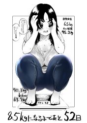 Rule 34 | 1girl, absurdres, barefoot, blue legwear, blue pants, blush, border, breasts, cleavage, comic, curvy, denim, excited, fukuhara takaya, furrowed brow, hands on own head, highres, jeans, large breasts, long hair, measurements, open mouth, original, outside border, pants, parted bangs, sequential, shirt, short sleeves, solo, speech bubble, spot color, squatting, sweat, t-shirt, thick thighs, thighs, translation request, weighing scale, weight conscious, weight loss