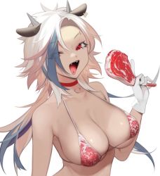 Rule 34 | 1girl, animal ears, bad id, bad twitter id, bare shoulders, bikini, blonde hair, blue hair, breasts, choker, cleavage, collarbone, commentary request, copyright request, cow ears, cow girl, cow horns, fangs, food, gloves, holding, horns, large breasts, long hair, looking at viewer, meat, multicolored hair, ohisashiburi, open mouth, red bikini, red choker, red eyes, simple background, skindentation, solo, swimsuit, tongue, tongue out, two-tone hair, upper body, white background, white hair