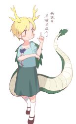 Rule 34 | 1girl, antlers, black footwear, blonde hair, blue shirt, c2ix7, closed mouth, collarbone, dragon girl, dragon horns, dragon tail, full body, green skirt, highres, horns, kicchou yachie, shirt, shoes, short hair, short sleeves, simple background, skirt, smile, socks, solo, tail, touhou, translation request, turtle shell, white background, white socks, yellow eyes, yellow horns
