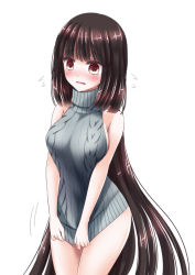 Rule 34 | 1girl, absurdly long hair, aran sweater, backless dress, backless outfit, bare shoulders, black hair, blush, breasts, brown eyes, cable knit, cowboy shot, dress, embarrassed, flying sweatdrops, grey sweater, halterneck, itsumoto hiroharu, long hair, looking down, medium breasts, meme attire, original, parted lips, ribbed sweater, sideboob, simple background, solo, sweater, sweater dress, turtleneck, turtleneck sweater, very long hair, virgin killer sweater, white background