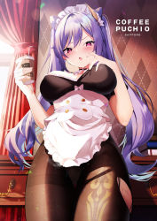 Rule 34 | 1girl, absurdres, apron, black choker, black leotard, breasts, brown pantyhose, choker, cone hair bun, cowboy shot, cup, detached collar, disposable cup, fantongjun, frills, frown, genshin impact, hair bun, hair ears, hair ornament, hands up, highres, keqing (genshin impact), large breasts, leotard, long hair, looking at viewer, maid, maid apron, maid headdress, open mouth, pantyhose, pink eyes, purple hair, short sleeves, solo, standing, sweatdrop, thick thighs, thigh gap, thighband pantyhose, thighs, torn clothes, torn pantyhose, twintails, v-shaped eyebrows, very long hair