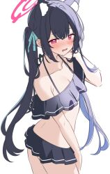 Rule 34 | 1girl, animal ear fluff, animal ears, bare shoulders, bikini, black bikini, black hair, blue archive, blue bow, blush, bow, breasts, cat ears, cleavage, collarbone, commentary, english commentary, frilled bikini, frills, hair between eyes, hair bow, halo, hand up, highres, hitsukuya, long hair, nose blush, purple eyes, serika (blue archive), serika (swimsuit) (blue archive), simple background, sketch, small breasts, solo, swimsuit, twintails, twisted torso, very long hair, white background