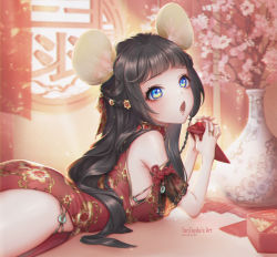 Rule 34 | 1girl, 2020, animal ear fluff, animal ears, artist name, bare shoulders, black bra, black hair, blue eyes, blunt bangs, box, bra, bra peek, braid, branch, breasts, chestnut mouth, china dress, chinese clothes, chinese new year, chinese zodiac, cowboy shot, curtains, day, detached sleeves, dress, floral print, flower, flower braid, food, from side, hair flower, hair ornament, hair ribbon, half updo, highres, holding, hongbao, indoors, jade (gemstone), jewelry, long hair, looking away, looking to the side, looking up, lying, mouse ears, mouse girl, multiple braids, new year, no panties, o-ring, on stomach, open mouth, original, pink flower, plum blossoms, print dress, red dress, red ribbon, red theme, ribbon, ring, round window, see-through silhouette, side braid, side slit, sidelocks, snack, solo, sunlight, sweets, tenzayda, underwear, vase, very long hair, window, year of the rat