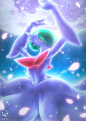 Rule 34 | armpits, arms up, artist name, chobi-pho, creatures (company), game freak, gardevoir, gen 3 pokemon, gradient background, green hair, highres, lens flare, light particles, looking at viewer, md5 mismatch, mega gardevoir, mega pokemon, moon, navel, night, night sky, nintendo, no humans, petals, pokemon, pokemon (creature), red eyes, resolution mismatch, sky, solo, source smaller, toni hoang nguyen, watermark