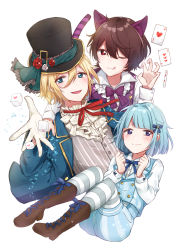 Rule 34 | 3boys, :3, :p, absurdres, alice (alice in wonderland), alice (alice in wonderland) (cosplay), alice in wonderland, animal ears, ascot, boots, card, cat ears, cheshire cat (alice in wonderland), cheshire cat (cosplay), cosplay, ensemble stars!, full body, hair ribbon, hat, highres, koji miruku, mad hatter (alice in wonderland), mad hatter (alice in wonderland) (cosplay), male focus, multiple boys, one eye closed, pantyhose, ribbon, sakuma ritsu, shino hajime, simple background, smile, sparkle, striped clothes, striped legwear, striped thighhighs, tenshouin eichi, thighhighs, tongue, tongue out, top hat, white background