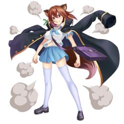 Rule 34 | 1girl, animal ears, breasts, brown hair, carrying, clenched hands, full body, grin, highres, jacket, jacket on shoulders, large breasts, loafers, looking at viewer, makoto march, mont girls, mouth hold, navel, official art, pleated skirt, red eyes, shoes, short hair, short sleeves, shoulder carry, simple background, skirt, smile, smoke, solo, tail, thighhighs, white background, white thighhighs