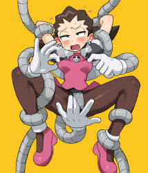Rule 34 | 1girl, arm grab, armor, arms up, bikini armor, black jacket, blush, breasts, brown hair, earrings, fingering, fingering through clothes, green eyes, hands up, highres, jacket, jewelry, mega man (series), mega man legends (series), multigrope, multiple hands, nipple stimulation, nipple tweak, noumiso, open clothes, open jacket, open mouth, pantyhose, pink footwear, pink shirt, puffy short sleeves, puffy sleeves, restrained, rolling eyes, shirt, shoes, short sleeves, skull earrings, small breasts, solo, spread legs, suspension, tentacles, through clothes, torogao, tron bonne (mega man), twintails