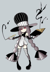 Rule 34 | 1girl, blush, book, boots, bow, braid, detached sleeves, dress, female focus, full body, gloves, hair bow, hat, ink, ken (koala), long hair, original, pixiv fantasia, red eyes, simple background, smile, solo, striped clothes, striped thighhighs, thighhighs, twin braids, very long hair