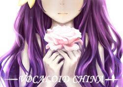 Rule 34 | 1girl, backlighting, flower, hair ornament, head out of frame, holding, holding flower, long hair, mo qingxian, pale skin, pink flower, pink rose, purple hair, rose, scarlet moon, solo, upper body, vocaloid, vocanese