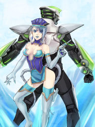 Rule 34 | 10s, 1boy, 1girl, armor, back-to-back, bad id, bad pixiv id, bare shoulders, blue eyes, blue hair, blue rose (tiger &amp; bunny), boots, breasts, cleavage, earrings, elbow gloves, fingernails, fingernails over gloves, gloves, gun, high heels, homutatu, jewelry, kaburagi t. kotetsu, karina lyle, lipstick, makeup, medium breasts, neon trim, power armor, power suit, shoes, short hair, superhero costume, thigh boots, thighhighs, tiger &amp; bunny, weapon, wild tiger