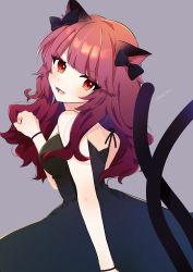 Rule 34 | 1girl, alternate hairstyle, animal ears, arm at side, armband, black bow, black dress, blunt bangs, blush, bow, breasts, cat ears, clenched hand, commentary, dress, fangs, from side, grey background, hair bow, hair down, head tilt, highres, kaenbyou rin, long hair, looking at viewer, medium breasts, multiple tails, necono (nyu6poko), nekomata, open mouth, red eyes, red hair, signature, simple background, solo, tail, tongue, touhou, tsurime, two tails, upper body, wavy hair