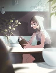 Rule 34 | 1girl, absurdres, bad id, bad pixiv id, blurry, blurry foreground, book, cup, from side, glasses, hair bun, highres, indoors, light bulb, long hair, original, plant, reading, restaurant, shadow, single hair bun, sitting, sleeveless, solo, table, tearing up, un (un0044)