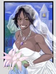 Rule 34 | 1girl, alternate costume, alternate hairstyle, bare arms, bare shoulders, bleach, border, bouquet, breasts, bridal veil, bride, church, church bell, cleavage, collarbone, dark-skinned female, dark skin, day, dress, earrings, flower, grin, half-closed eyes, happy, highres, holding, holding bouquet, jewelry, large breasts, leaning forward, lipstick, looking at viewer, makeup, necklace, outdoors, purple hair, shihouin yoruichi, smile, solo, strapless, strapless dress, tata (pixiv57531723), teeth, veil, wedding dress, white dress, yellow eyes