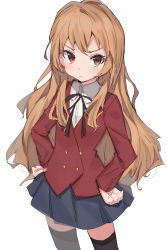 Rule 34 | 1girl, aisaka taiga, black thighhighs, blue skirt, brown eyes, brown hair, buttons, commentary, cowboy shot, double-breasted, english commentary, frown, hands on own hips, highres, jacket, long hair, long sleeves, looking at viewer, pleated skirt, red jacket, shirt, shone, simple background, sketch, skirt, solo, thighhighs, toradora!, very long hair, white background, white shirt, zettai ryouiki