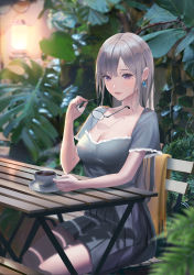 Rule 34 | 1girl, blush, breasts, cleavage, coffee, collarbone, commentary, cup, dress, earrings, english commentary, unworn eyewear, grey dress, grey hair, highres, holding, holding removed eyewear, jewelry, long hair, looking at viewer, mole, mole under eye, original, photo background, pleated dress, purple eyes, rimzu, shadow, short sleeves, sitting, solo, steam, swept bangs, table, teacup
