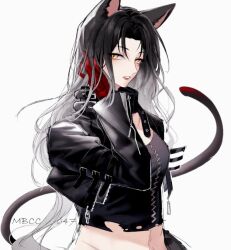 Rule 34 | 1girl, angell (path to nowhere), animal ears, arm belt, black hair, black jacket, black shirt, cat ears, cat girl, cat tail, chinese commentary, commentary, crop top, cropped jacket, forehead, from side, gloves, gradient hair, guapihuang833, half-closed eyes, hand in own hair, jacket, looking at viewer, looking to the side, midriff, multicolored hair, navel, parted bangs, parted lips, path to nowhere, red gloves, red lips, scar on shoulder, shirt, slit pupils, solo, tail, torn clothes, torn shirt, upper body, white hair, yellow eyes